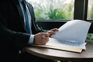 Person in a dark suit signs documents with a pen at a round wooden table.